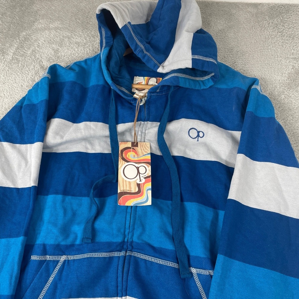 Ocean Pacific Hoodie Mens Medium Blue Striped Surf Skater Y2K Full Zip Hoodie - Picture 3 of 9